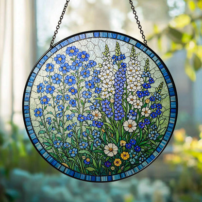 Stained Glass Floral Sun Catcher, Blue Wildflower Round Panel Decor