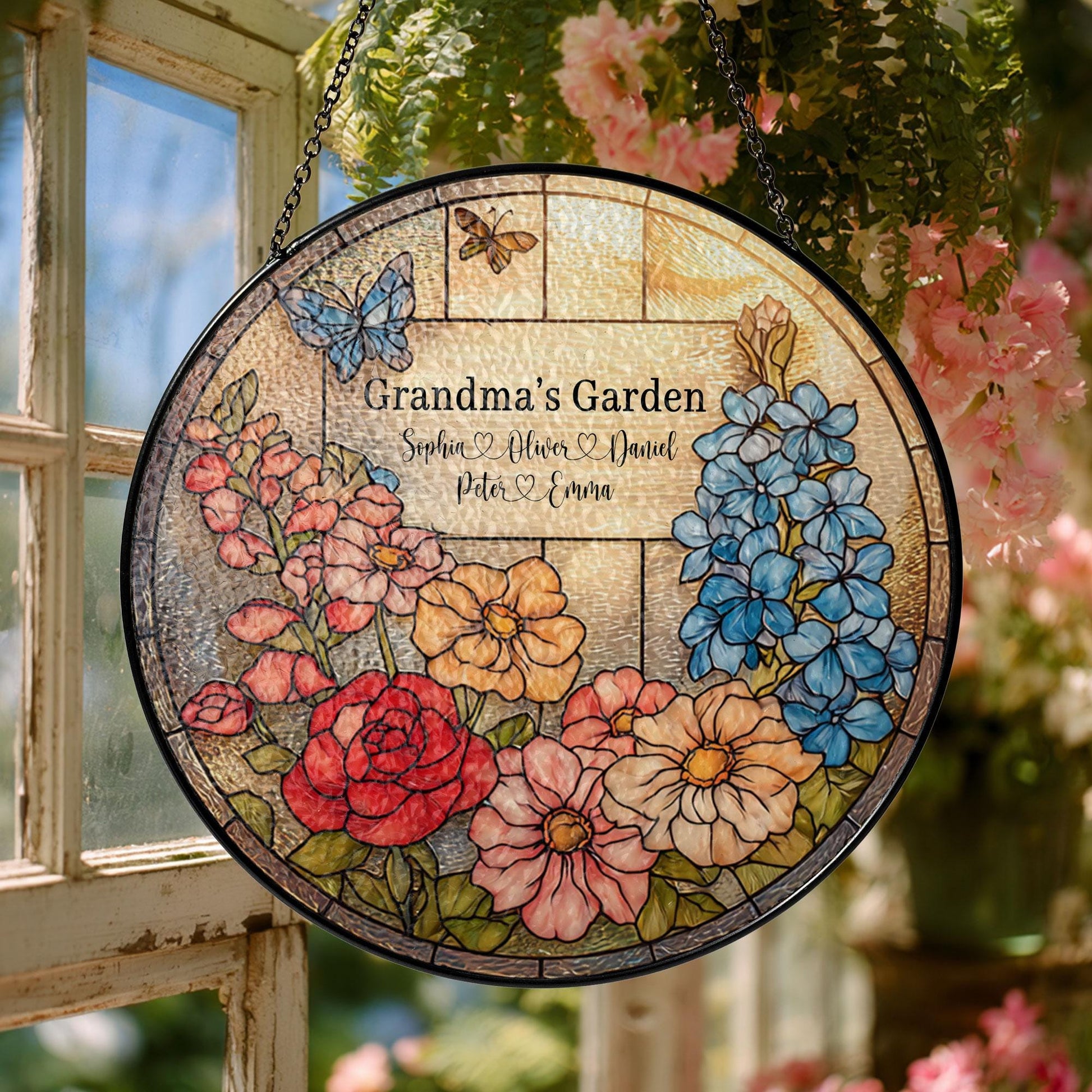 Personalized Stained Glass Suncatcher, Grandma's Garden Floral Window Hanging
