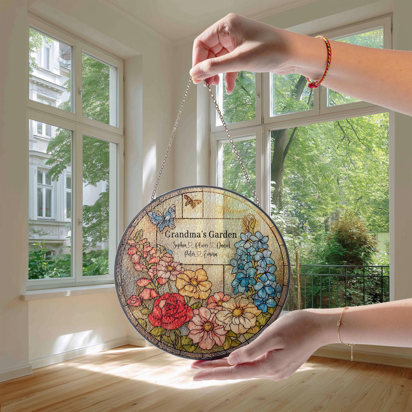 Personalized Stained Glass Suncatcher, Grandma's Garden Floral Window Hanging