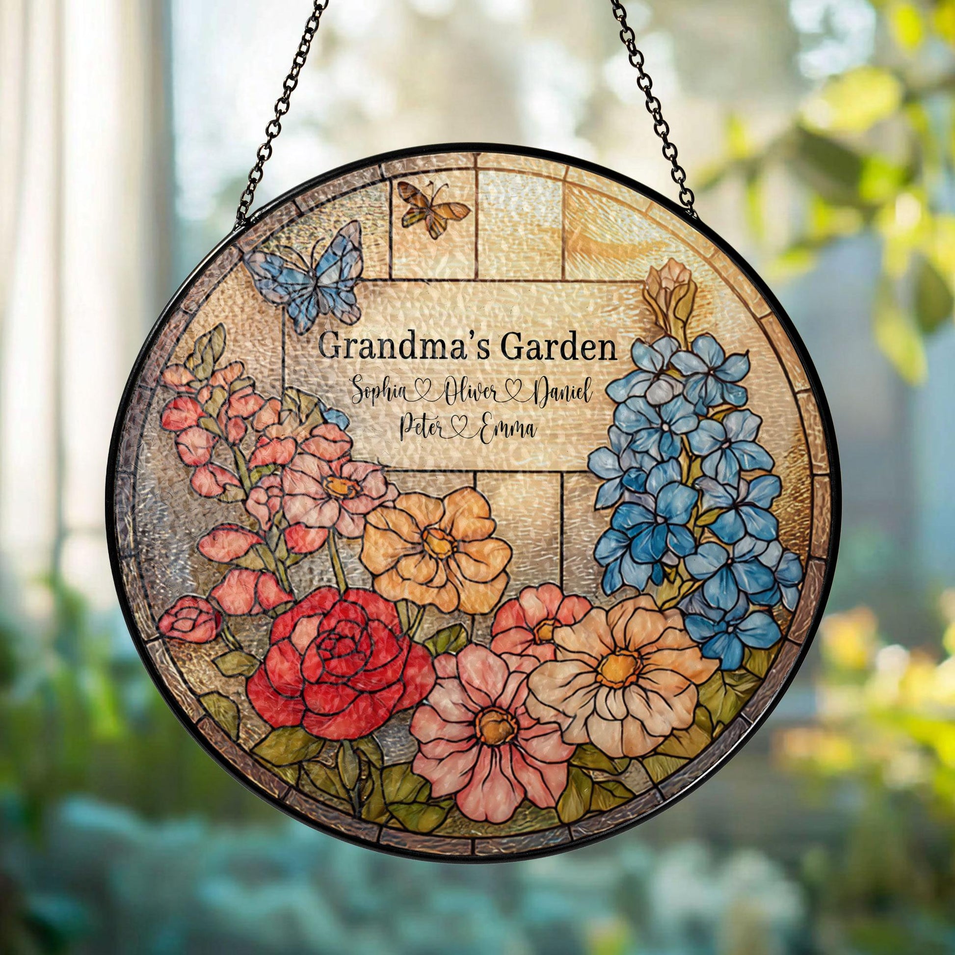 Personalized Stained Glass Suncatcher, Grandma's Garden Floral Window Hanging