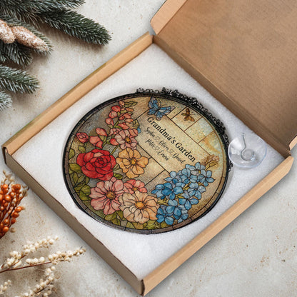 Personalized Stained Glass Suncatcher, Grandma's Garden Floral Window Hanging