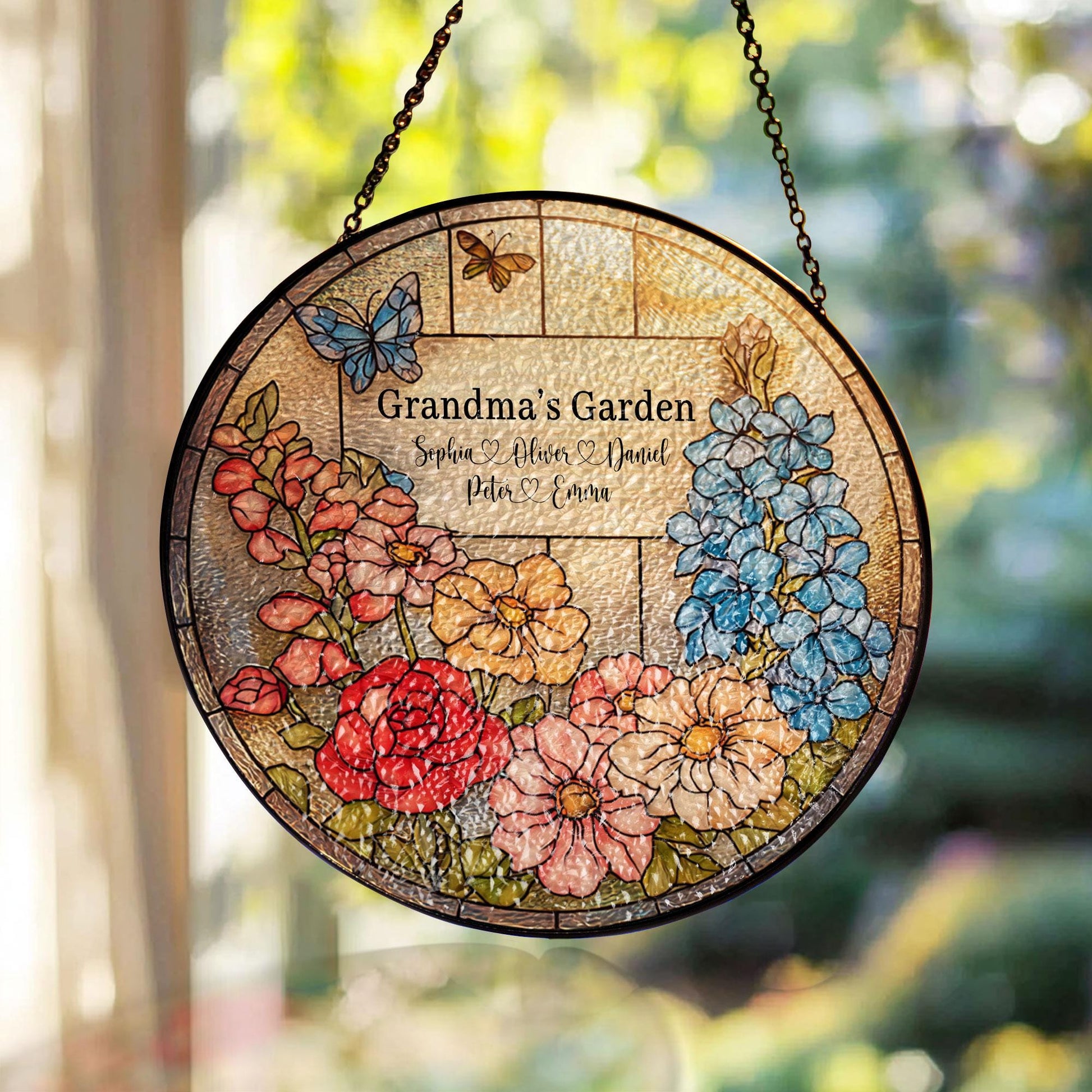 Personalized Stained Glass Suncatcher, Grandma's Garden Floral Window Hanging
