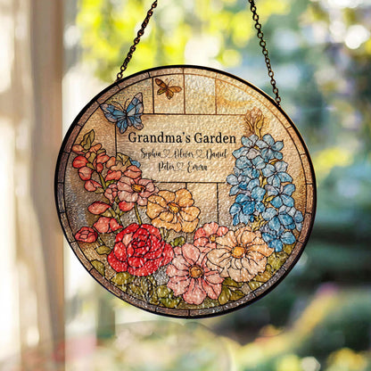 Personalized Stained Glass Suncatcher, Grandma's Garden Floral Window Hanging