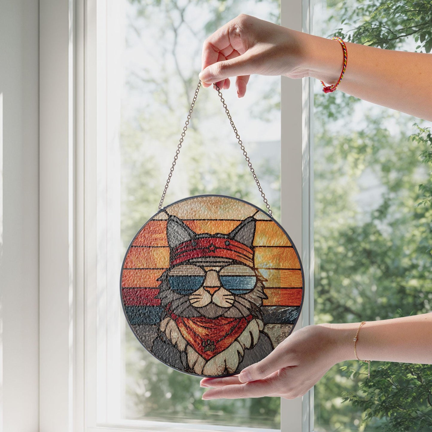 Retro Cat Stained Glass Suncatcher, Funny Window Art, Pet Lover Gift