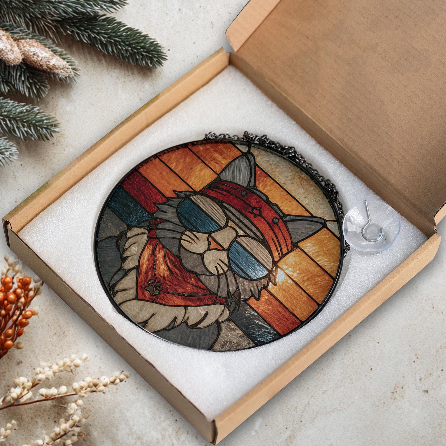 Retro Cat Stained Glass Suncatcher, Funny Window Art, Pet Lover Gift