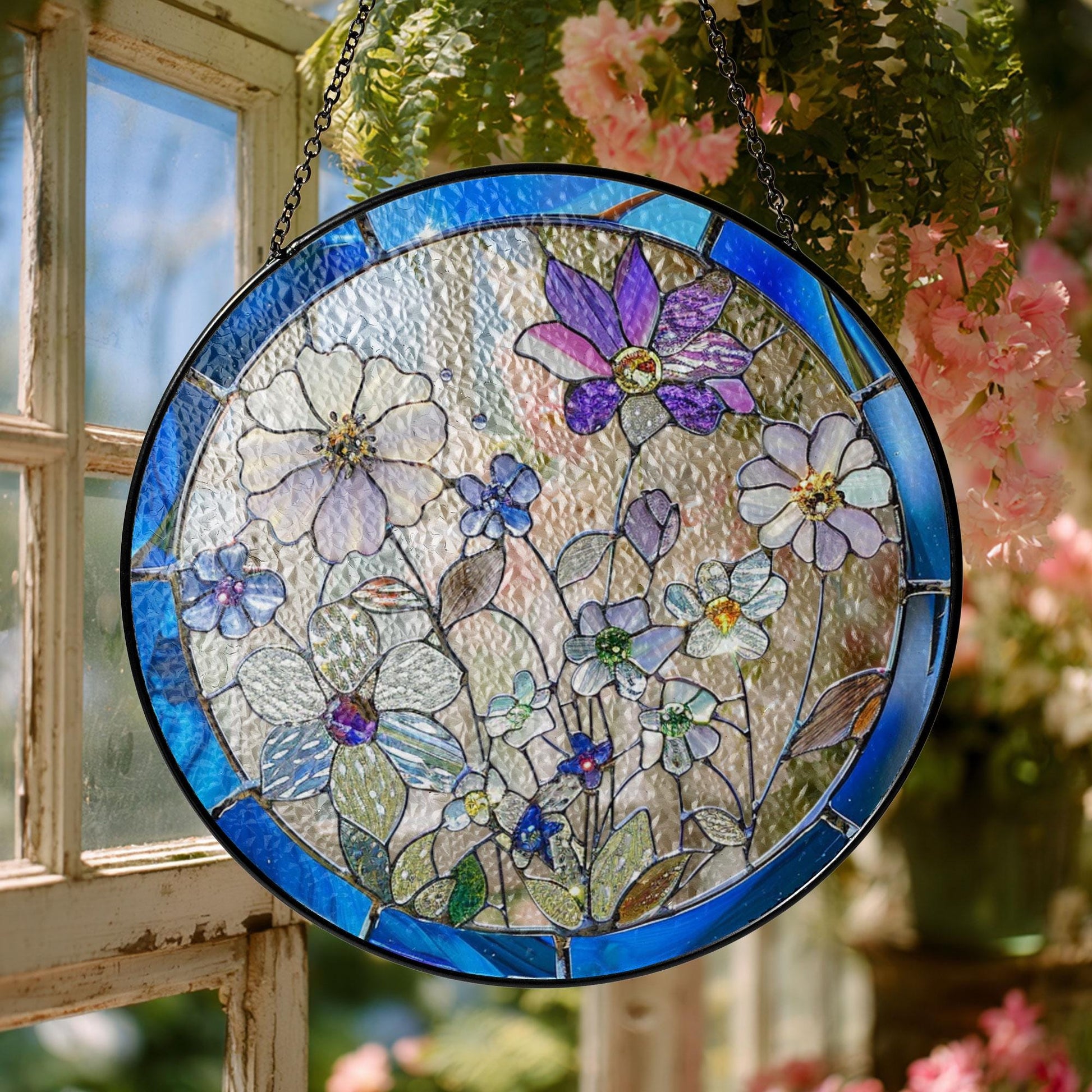 Round Floral Stained Glass Window Hanging Decor – Botanical Art Ornament