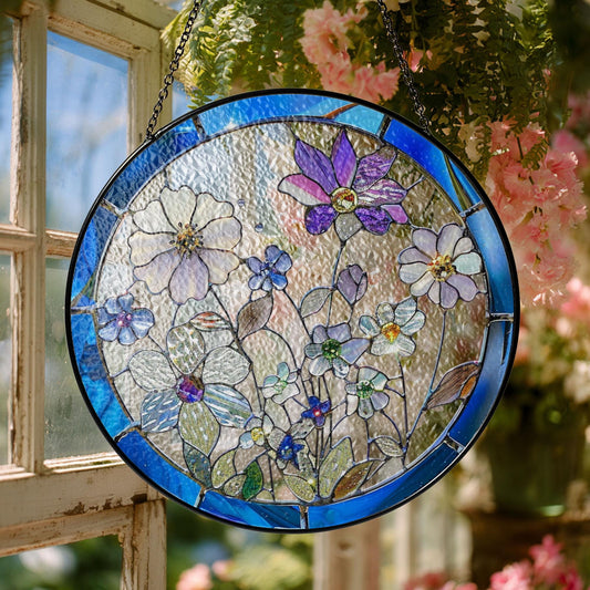 Round Floral Stained Glass Window Hanging Decor – Botanical Art Ornament