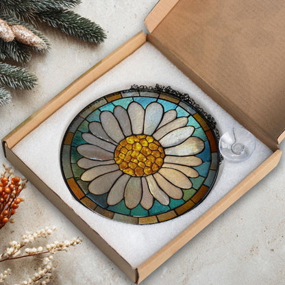 Daisy Stained Glass Window Suncatcher – Floral Round Ornament Botanical Decor