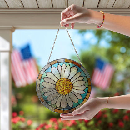 Daisy Stained Glass Window Suncatcher – Floral Round Ornament Botanical Decor