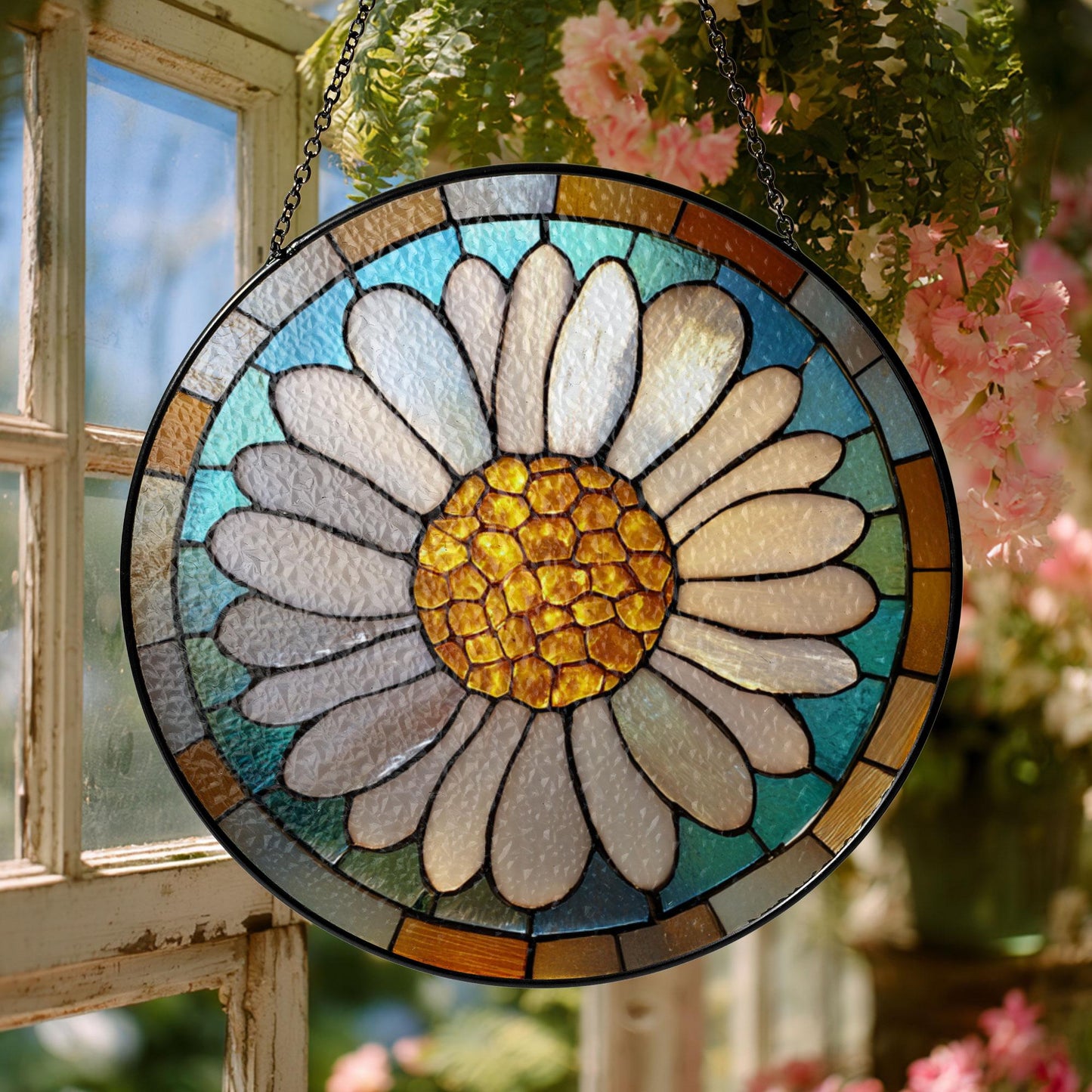 Daisy Stained Glass Window Suncatcher – Floral Round Ornament Botanical Decor