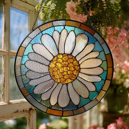 Daisy Stained Glass Window Suncatcher – Floral Round Ornament Botanical Decor