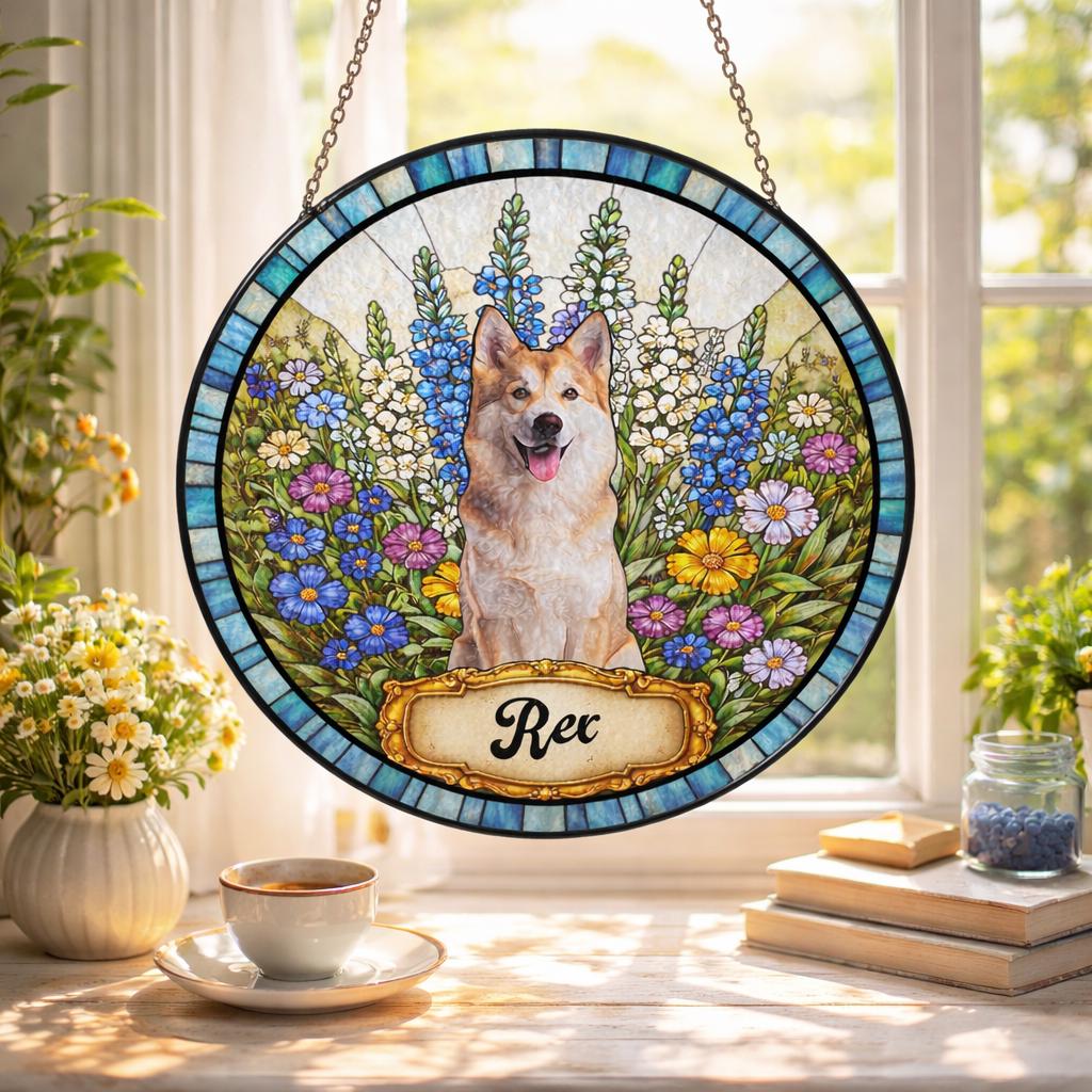 Personalized Dog Portrait Stained Glass Suncatcher, Custom Pet Memorial Stained Glass Photo Suncatcher, Dog Loss Keepsake, Pet Loss Gift