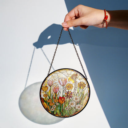 Floral Stained Glass Window Hanging, Wildflower Suncatcher Panel, Handmade Botanical Decor, Spring Flower Glass Art Gift