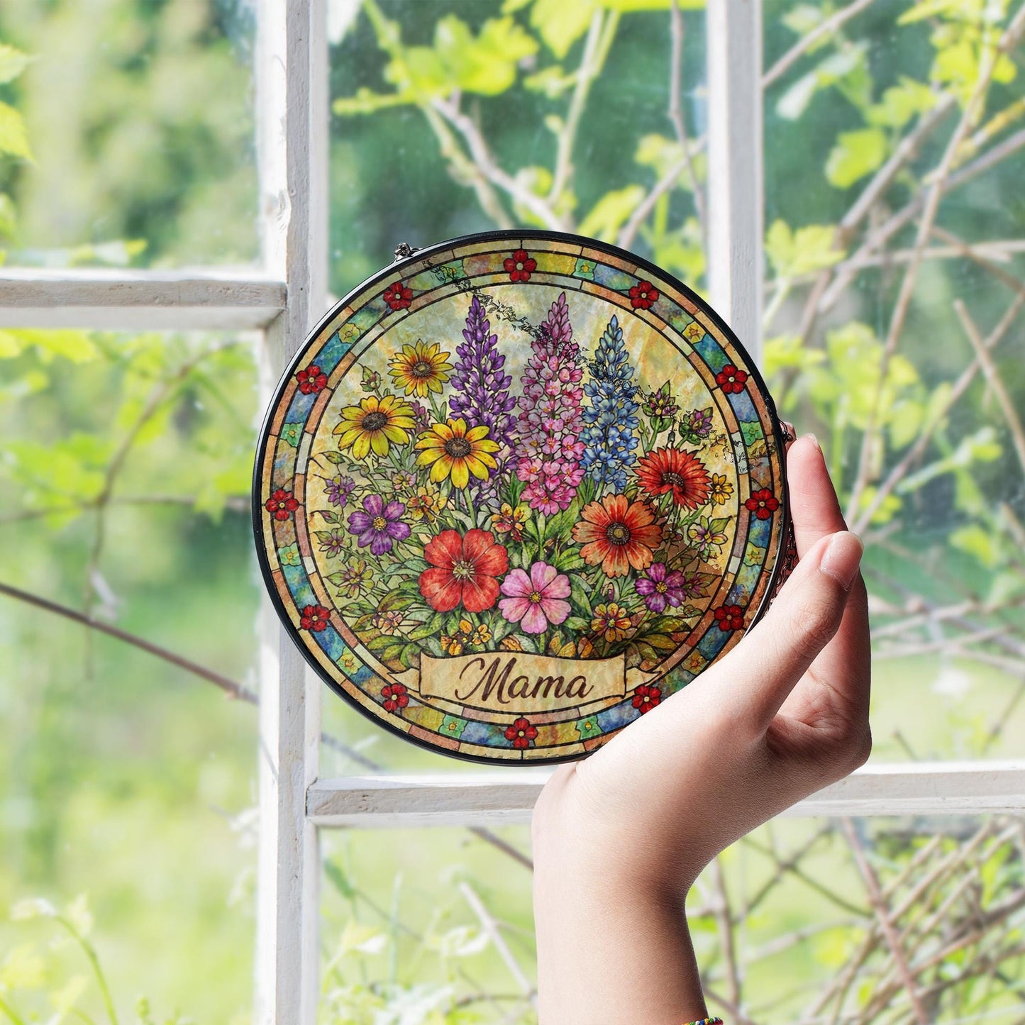 Mama Floral Stained Glass Window Hanging, Personalized Suncatcher Gift for Mom, Wildflower Glass Art, Mothers Day Decor