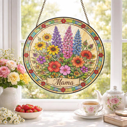 Mama Floral Stained Glass Window Hanging, Personalized Suncatcher Gift for Mom, Wildflower Glass Art, Mothers Day Decor