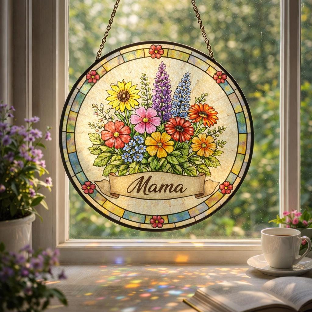 Mama Stained Glass Window , Floral Window Hanging Gift for Mom, Colorful Wildflower Glass Panel, Mothers Day Home Decor