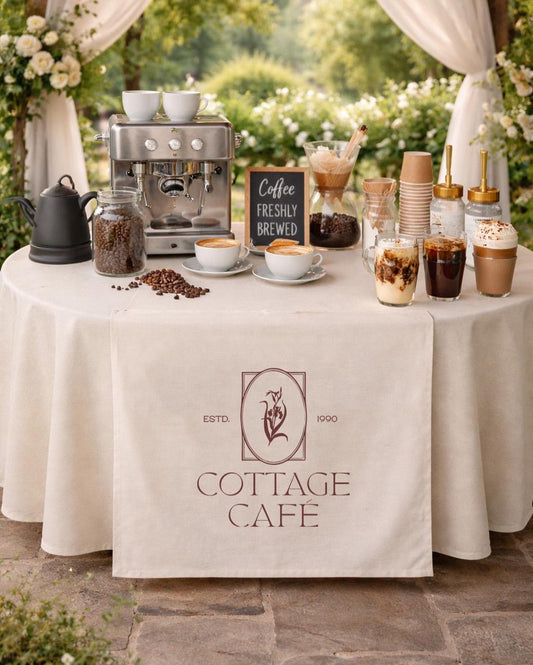 Custom Table Runner with Logo, Rustic Wedding Table Decor, Cottage Cafe Table Cloth, Personalized Linen Runner for Event Display