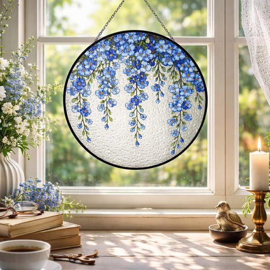 Blue Flower Window Glass Decor, Forget Me Not Floral Panel, Botanical Hanging Ornament, Spring Home Decor Gift