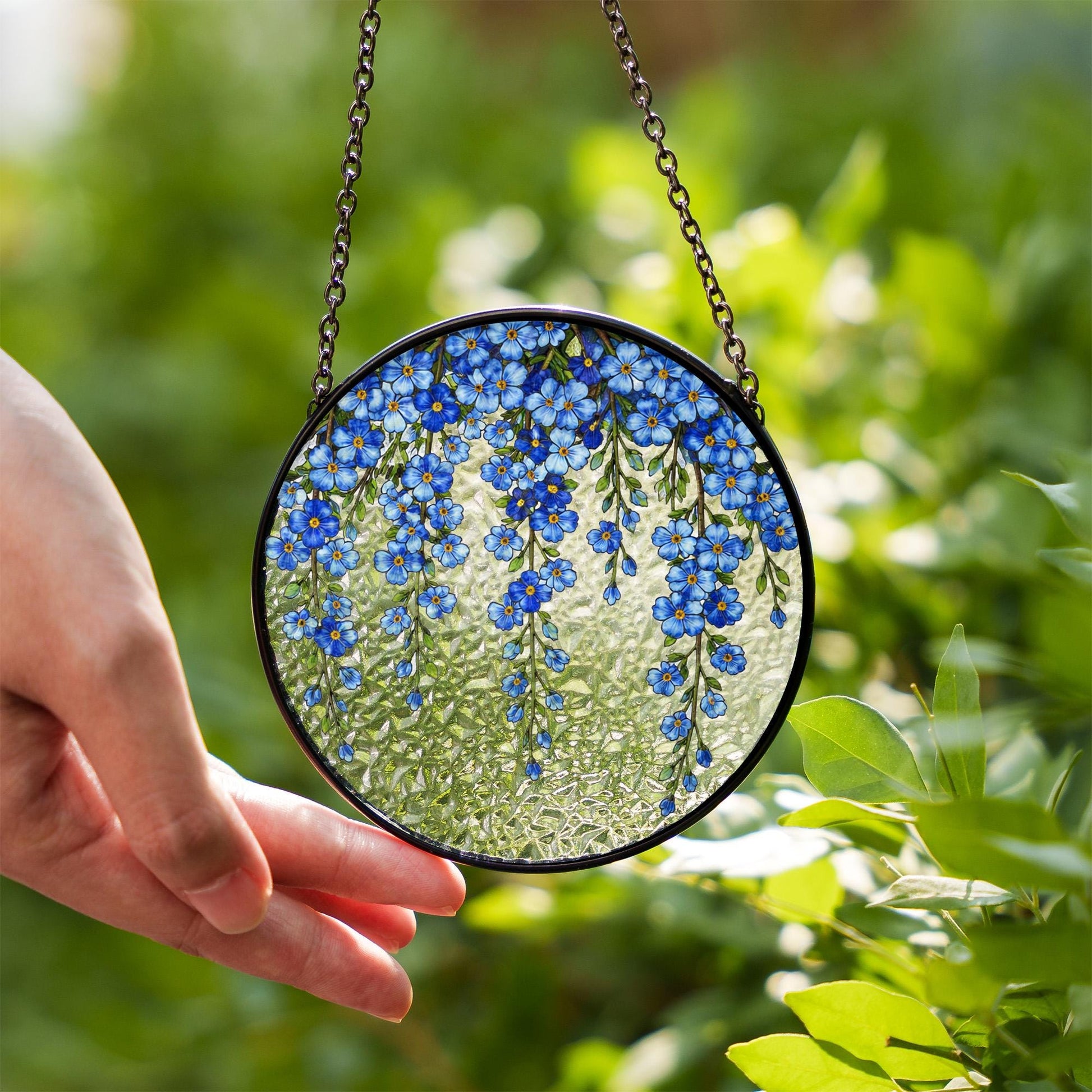 Blue Flower Window Glass Decor, Forget Me Not Floral Panel, Botanical Hanging Ornament, Spring Home Decor Gift