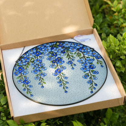 Blue Flower Window Glass Decor, Forget Me Not Floral Panel, Botanical Hanging Ornament, Spring Home Decor Gift