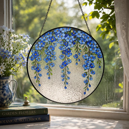 Blue Flower Window Glass Decor, Forget Me Not Floral Panel, Botanical Hanging Ornament, Spring Home Decor Gift