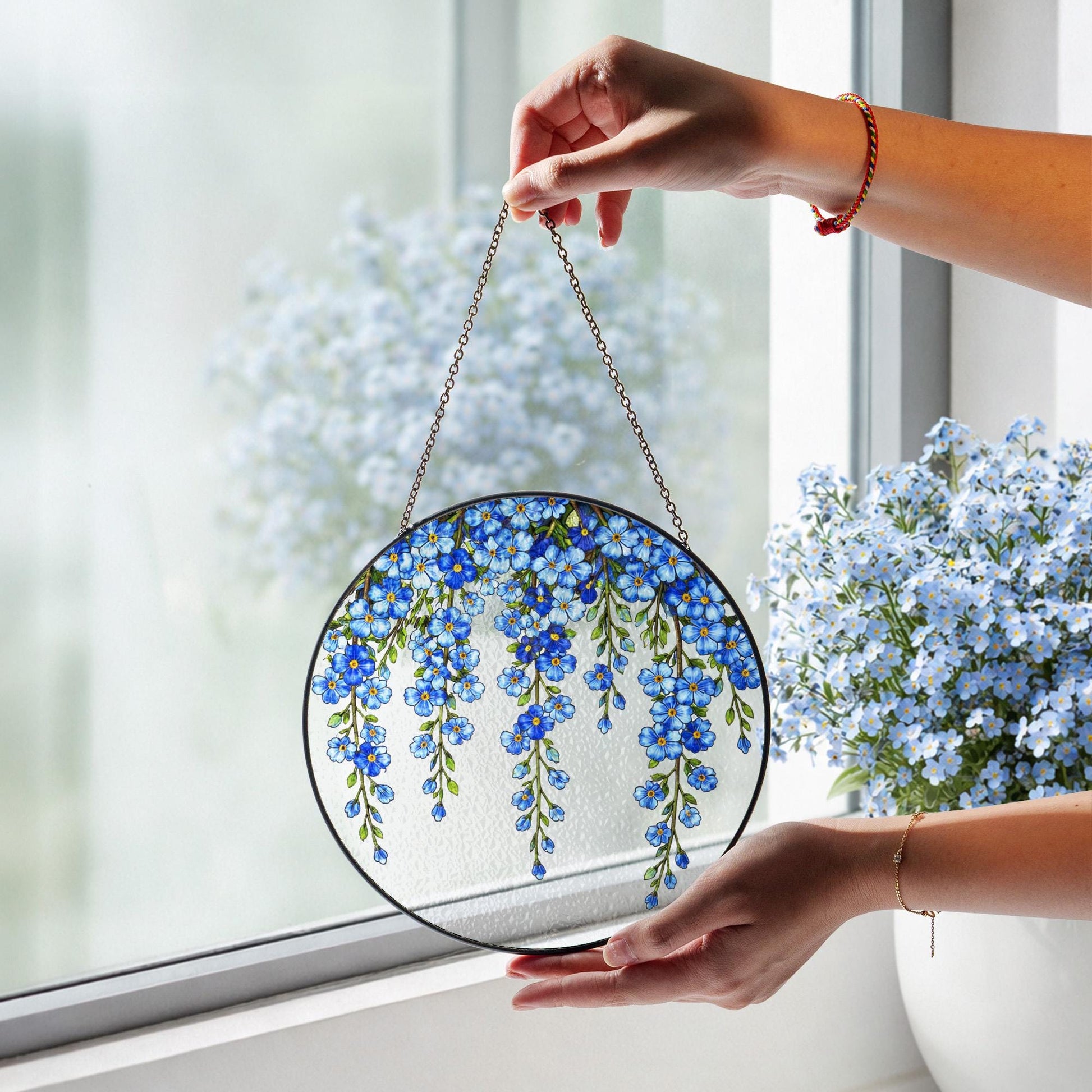 Blue Flower Window Glass Decor, Forget Me Not Floral Panel, Botanical Hanging Ornament, Spring Home Decor Gift