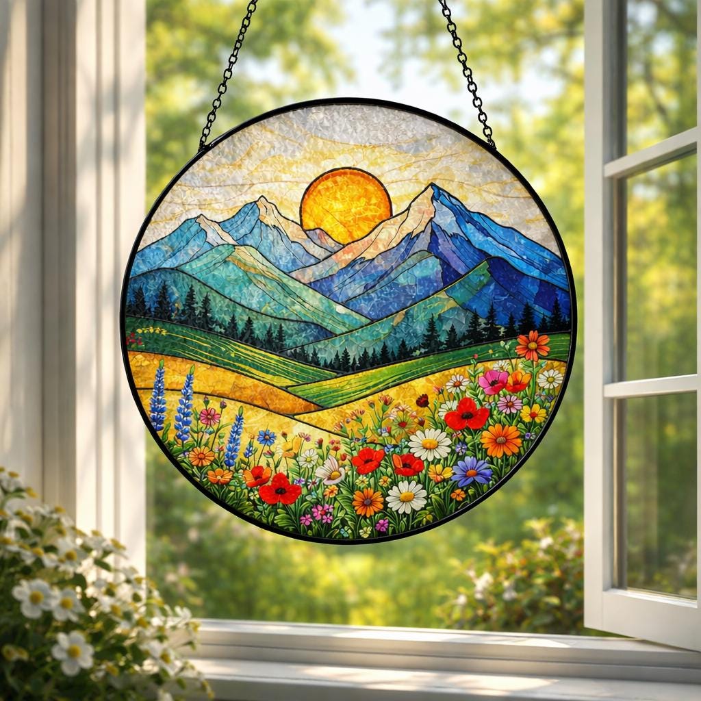 Mountain Landscape Glass Window Hanging, Sunrise Nature Panel Decor, Wildflower Scenic Hanging Ornament, Cabin Home Decor Gift