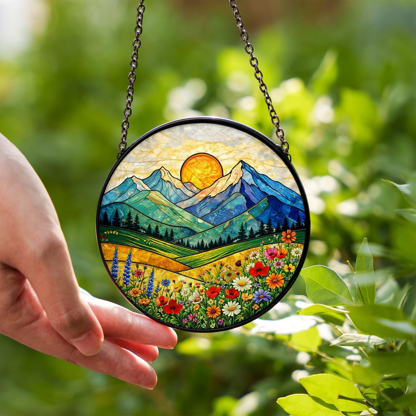 Mountain Landscape Glass Window Hanging, Sunrise Nature Panel Decor, Wildflower Scenic Hanging Ornament, Cabin Home Decor Gift