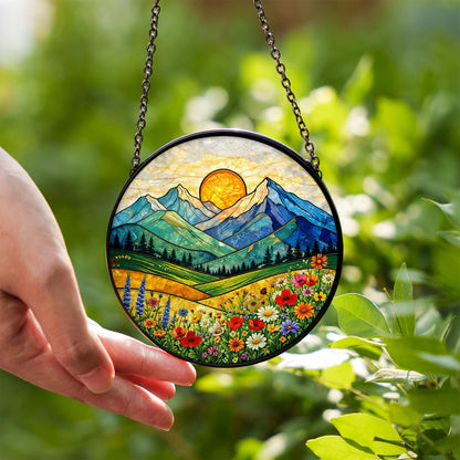 Mountain Landscape Glass Window Hanging, Sunrise Nature Panel Decor, Wildflower Scenic Hanging Ornament, Cabin Home Decor Gift