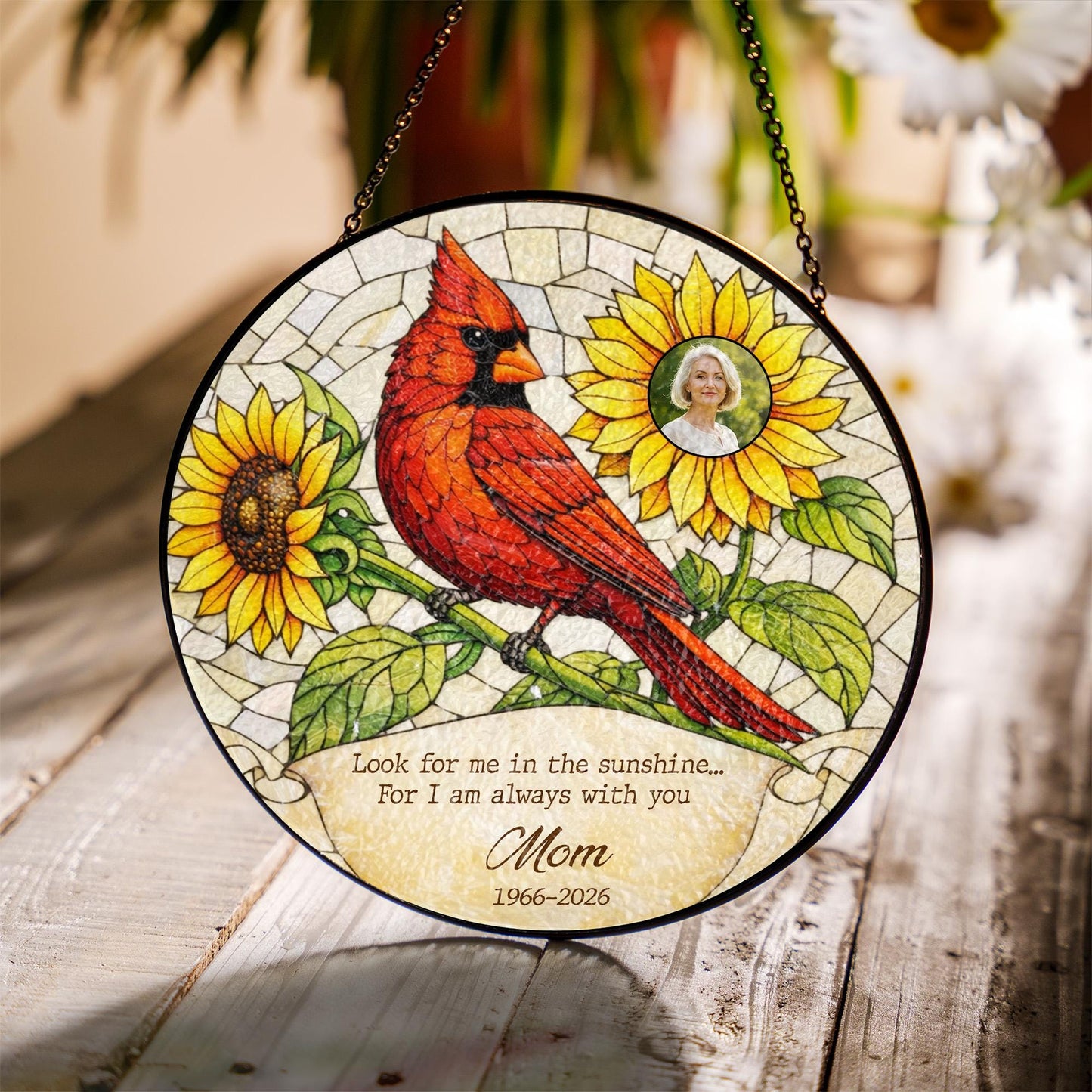 Cardinal Memorial Stained Glass Window, Sympathy Gift with Photo, Personalized Remembrance Window Hanging, In Loving Memory Gift
