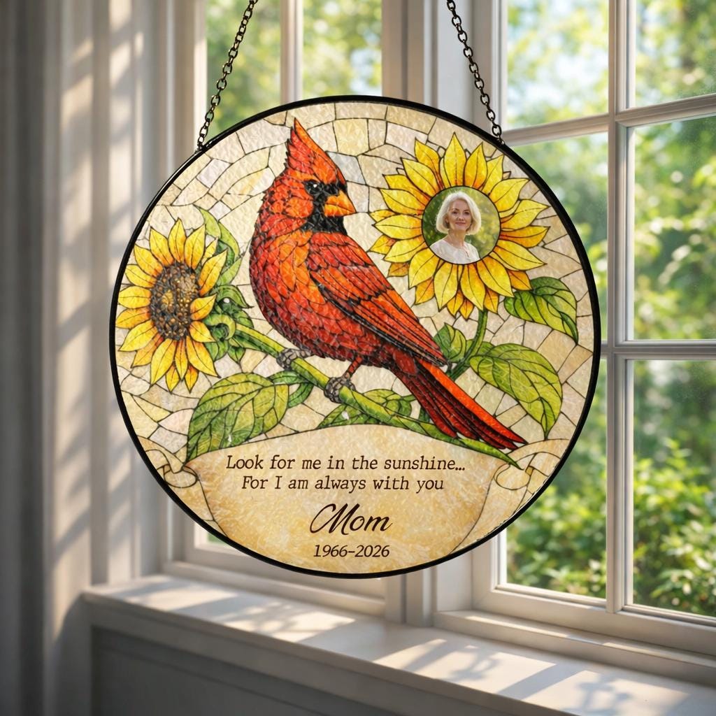 Cardinal Memorial Stained Glass Window, Sympathy Gift with Photo, Personalized Remembrance Window Hanging, In Loving Memory Gift