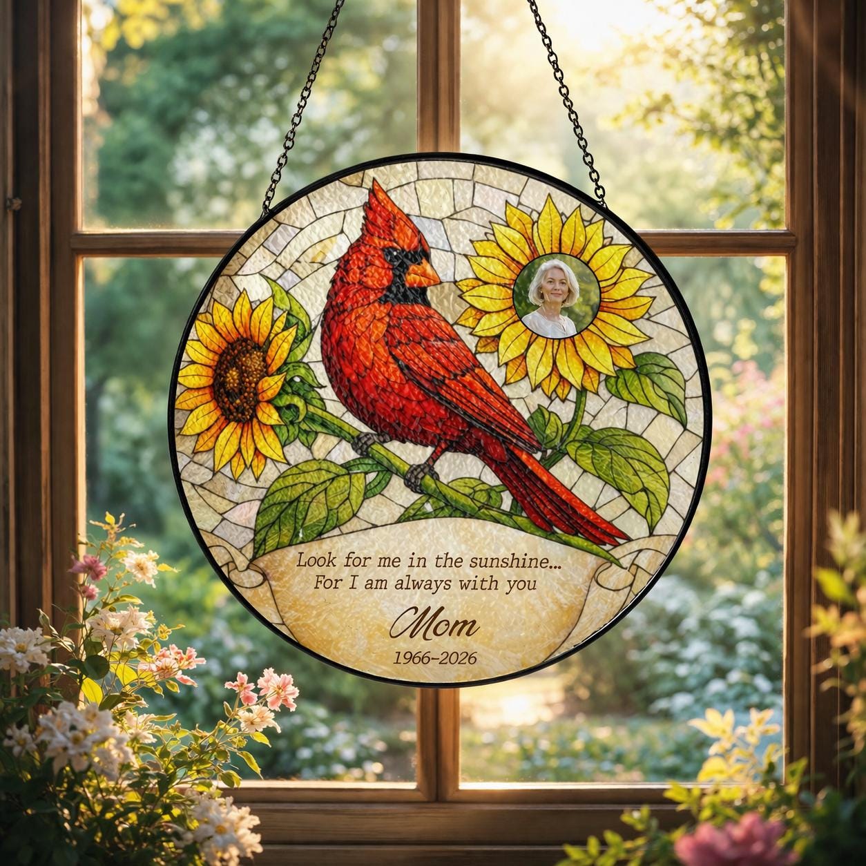 Cardinal Memorial Stained Glass Window, Sympathy Gift with Photo, Personalized Remembrance Window Hanging, In Loving Memory Gift