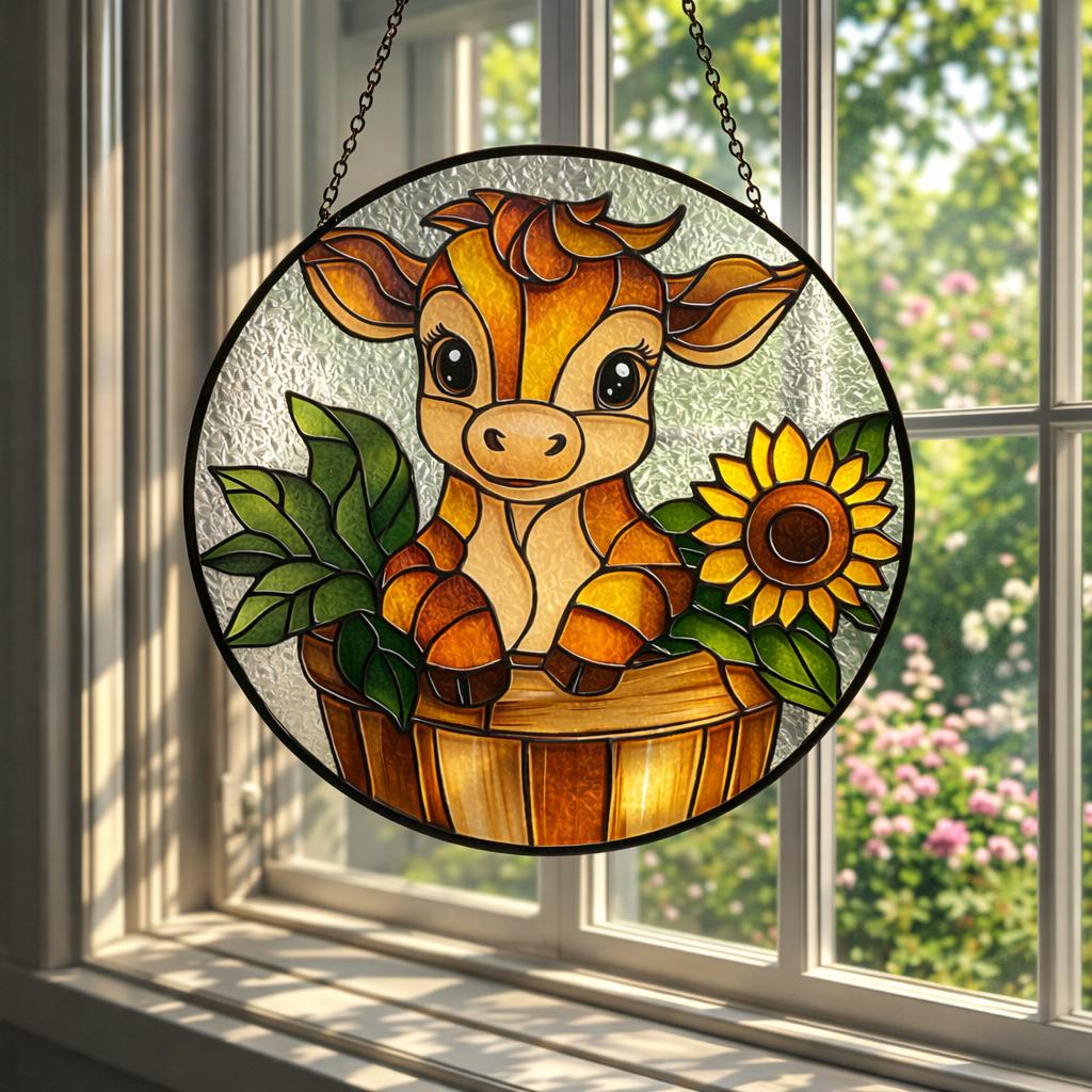 Stained Glass Cow Window Hanging, Cute Farm Animal Decor with Sunflower, Rustic Country Gift