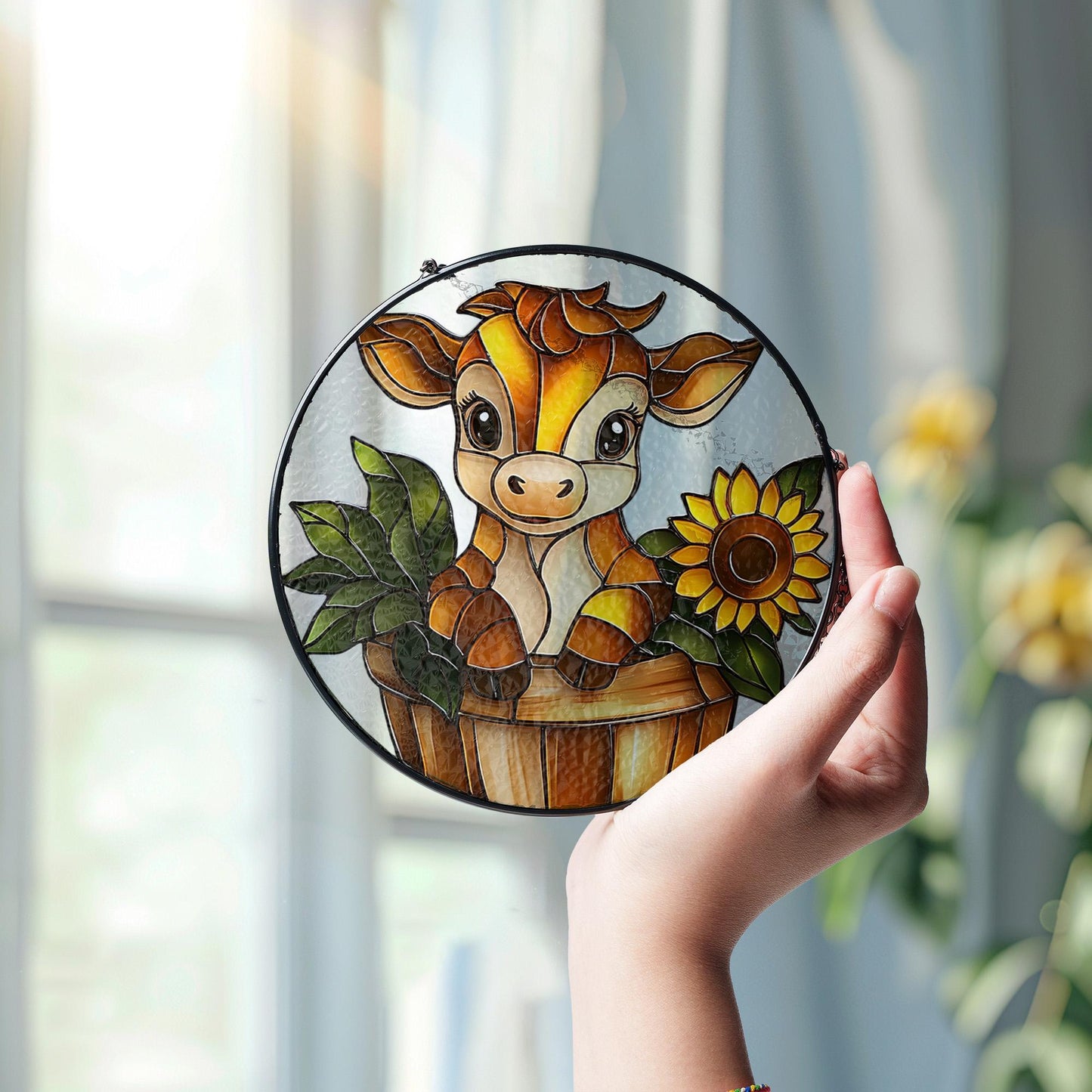 Stained Glass Cow Window Hanging, Cute Farm Animal Decor with Sunflower, Rustic Country Gift