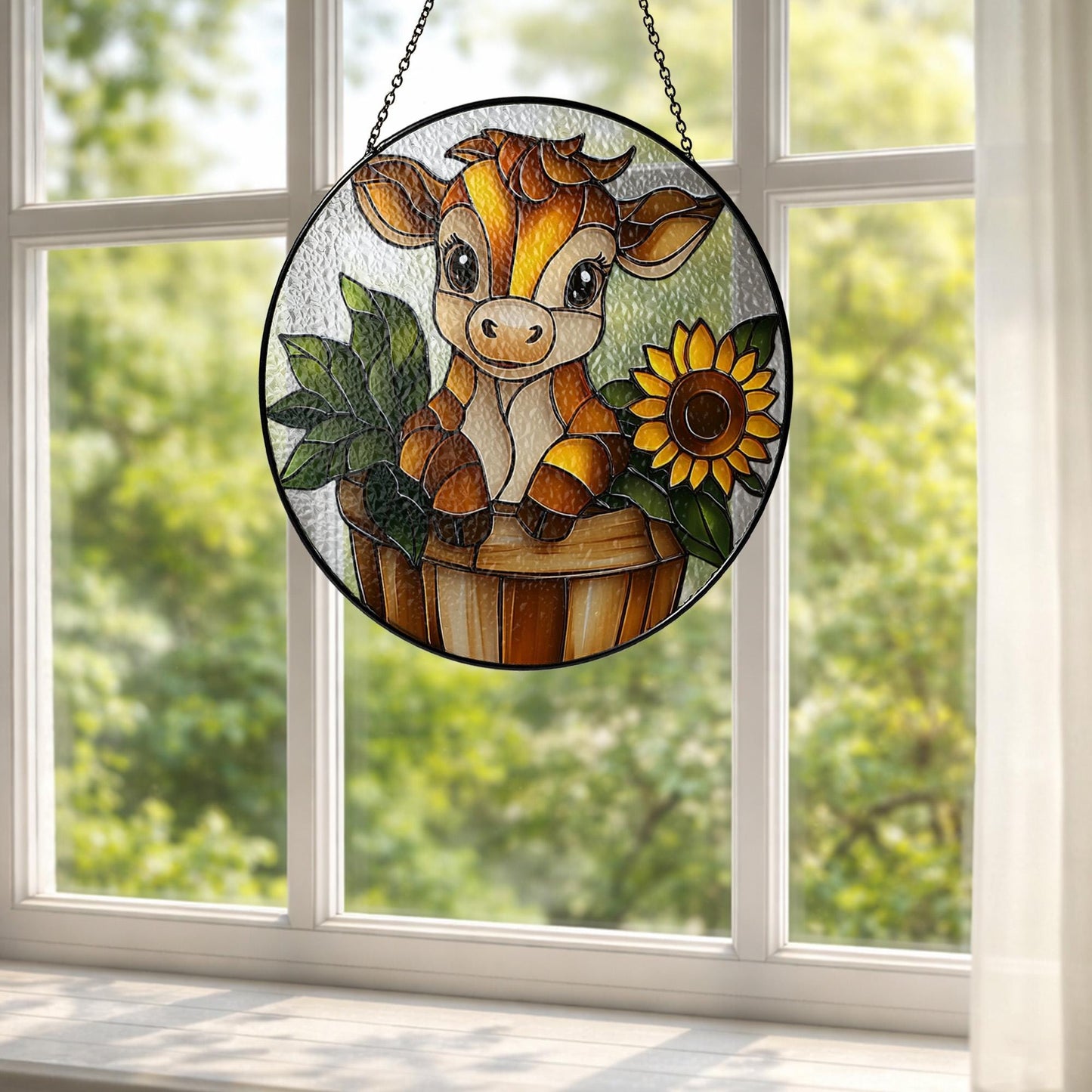 Stained Glass Cow Window Hanging, Cute Farm Animal Decor with Sunflower, Rustic Country Gift