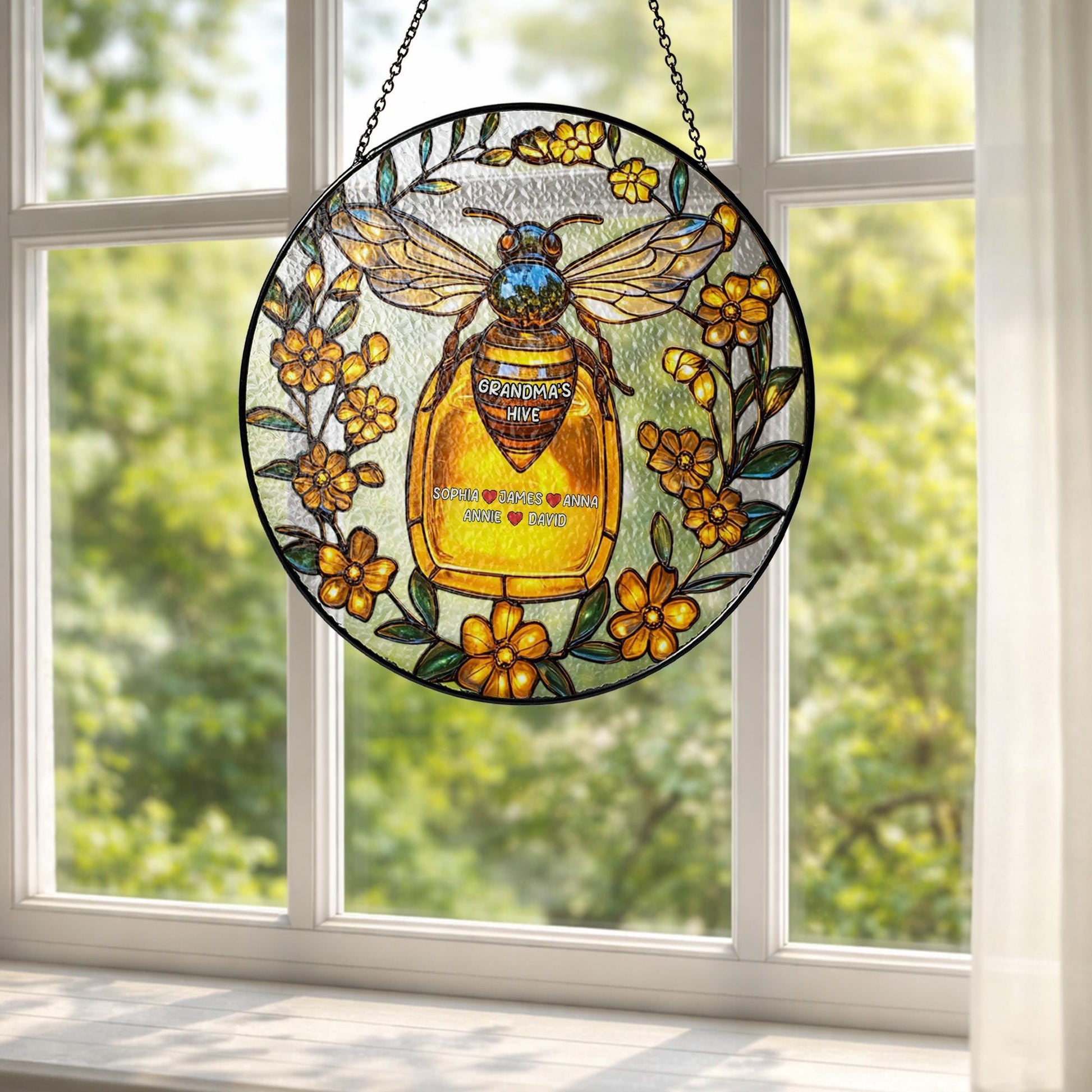 Personalized Bee Glass Window Hanging, Custom Name Honey Jar Decor, Grandma Gift Floral Art