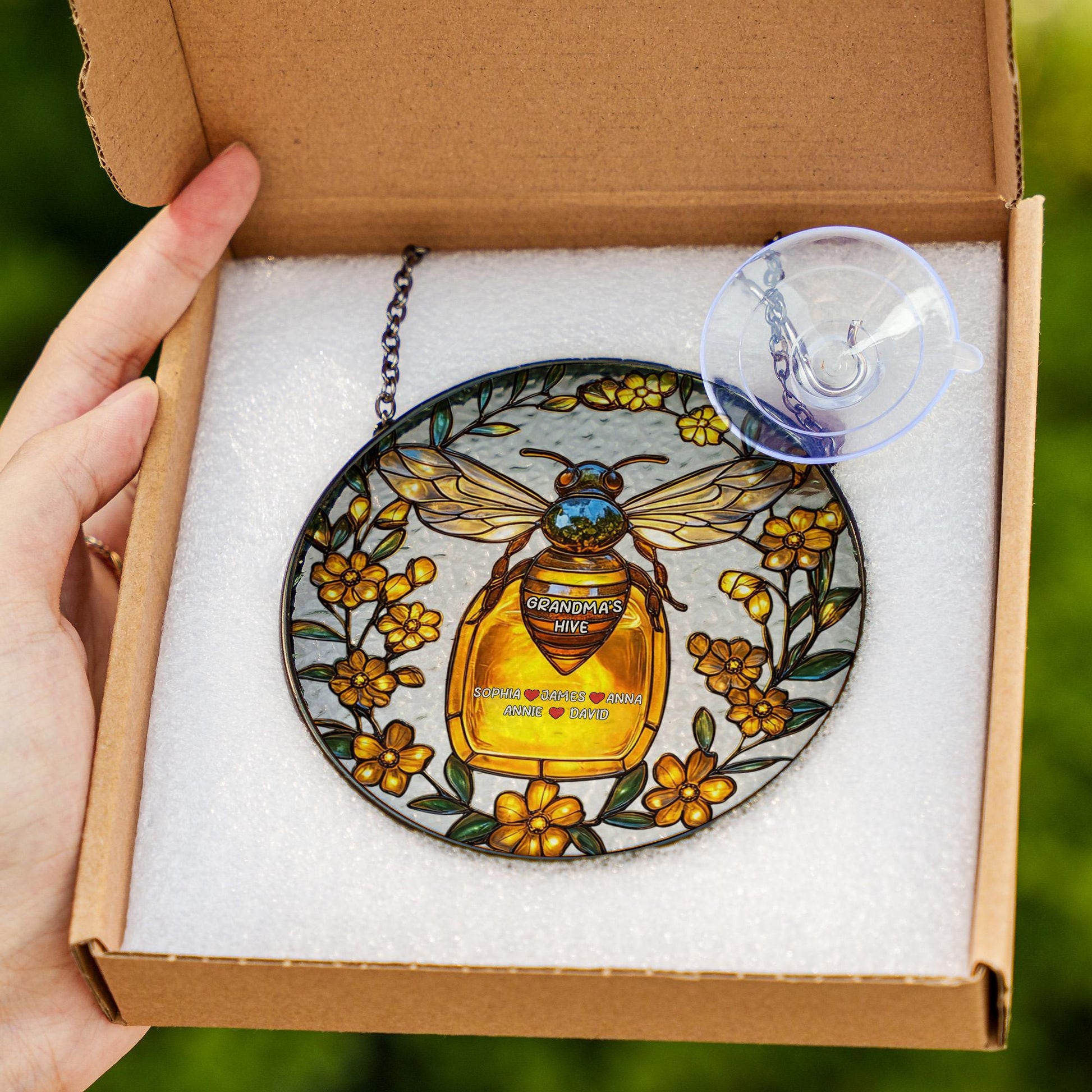 Personalized Bee Glass Window Hanging, Custom Name Honey Jar Decor, Grandma Gift Floral Art