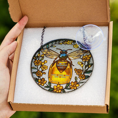 Personalized Bee Glass Window Hanging, Custom Name Honey Jar Decor, Grandma Gift Floral Art