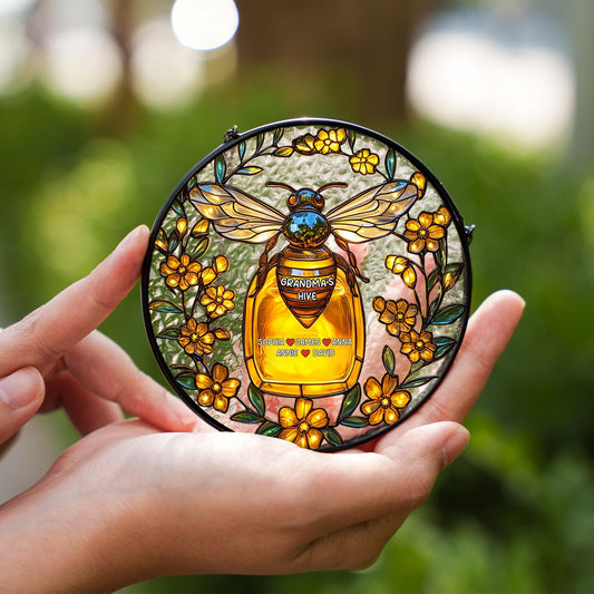 Personalized Bee Glass Window Hanging, Custom Name Honey Jar Decor, Grandma Gift Floral Art