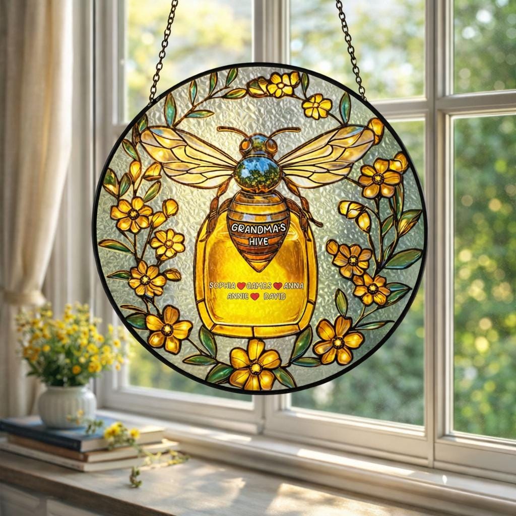 Personalized Bee Glass Window Hanging, Custom Name Honey Jar Decor, Grandma Gift Floral Art