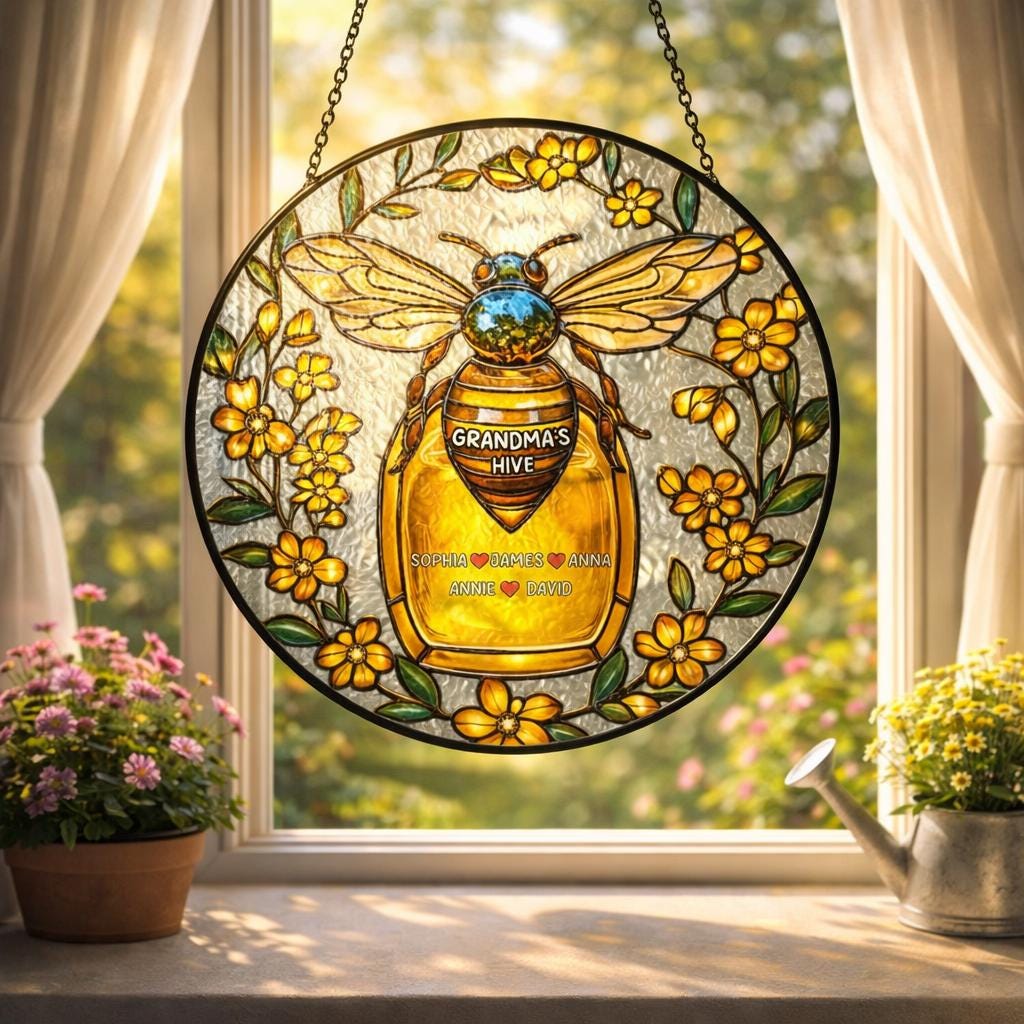 Personalized Bee Glass Window Hanging, Custom Name Honey Jar Decor, Grandma Gift Floral Art