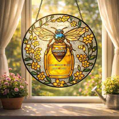 Personalized Bee Glass Window Hanging, Custom Name Honey Jar Decor, Grandma Gift Floral Art