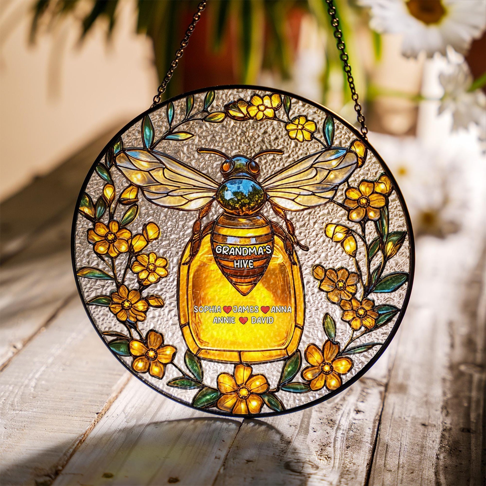 Personalized Bee Glass Window Hanging, Custom Name Honey Jar Decor, Grandma Gift Floral Art