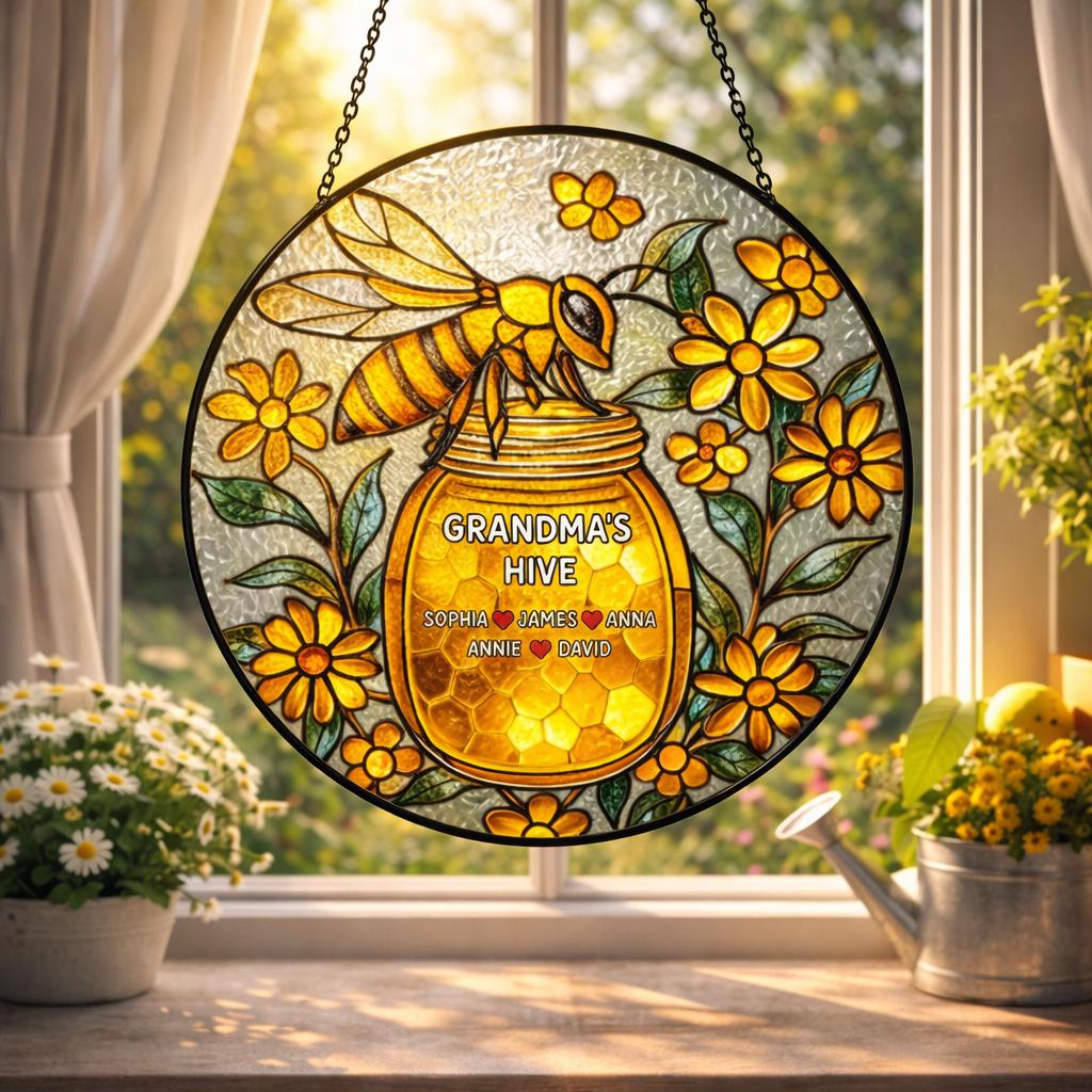 Bee Glass Window Hanging Personalized, Honey Jar Floral Decor, Custom Name Rustic Home Gift