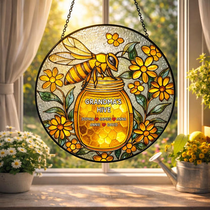 Bee Glass Window Hanging Personalized, Honey Jar Floral Decor, Custom Name Rustic Home Gift