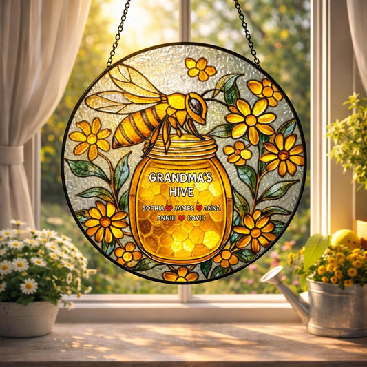 Bee Glass Window Hanging Personalized, Honey Jar Floral Decor, Custom Name Rustic Home Gift