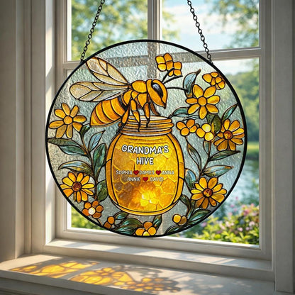 Bee Glass Window Hanging Personalized, Honey Jar Floral Decor, Custom Name Rustic Home Gift