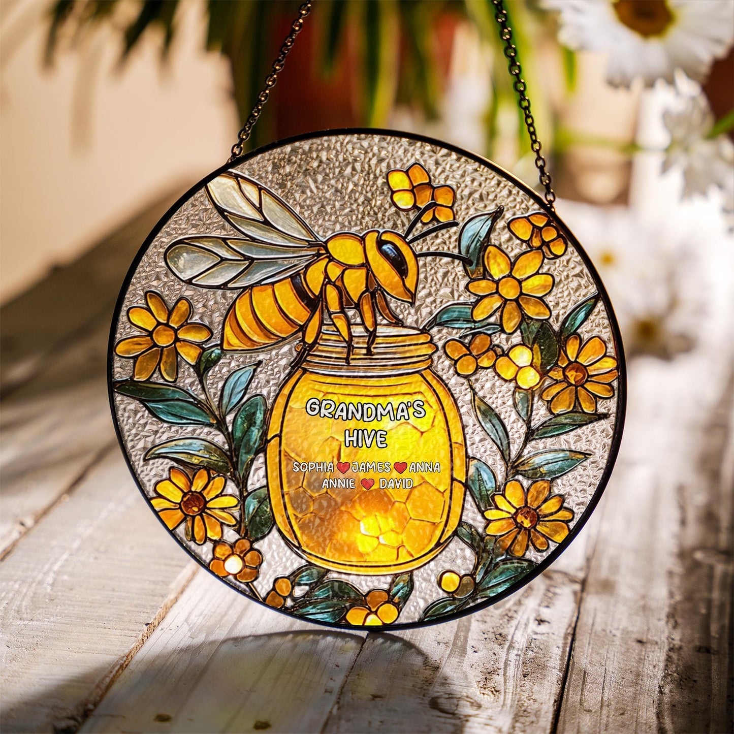 Bee Glass Window Hanging Personalized, Honey Jar Floral Decor, Custom Name Rustic Home Gift