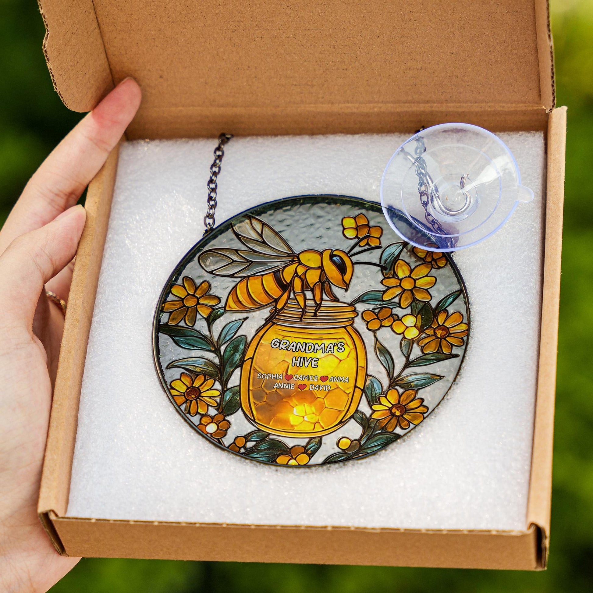 Bee Glass Window Hanging Personalized, Honey Jar Floral Decor, Custom Name Rustic Home Gift