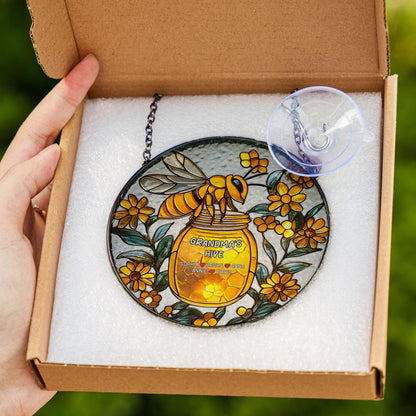 Bee Glass Window Hanging Personalized, Honey Jar Floral Decor, Custom Name Rustic Home Gift